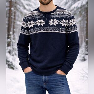 Ralph Lauren Black & White Fair Isle Crewneck Henley Cotton Sweater Size Large